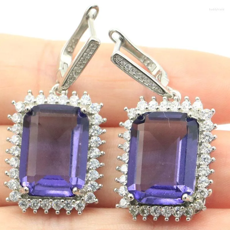 Dangle Earrings 40x20mm Sell Rectangle Orange Spessartine Garnet Purple Spinel White CZ For Ladies Wedding 925 Sterling Silver