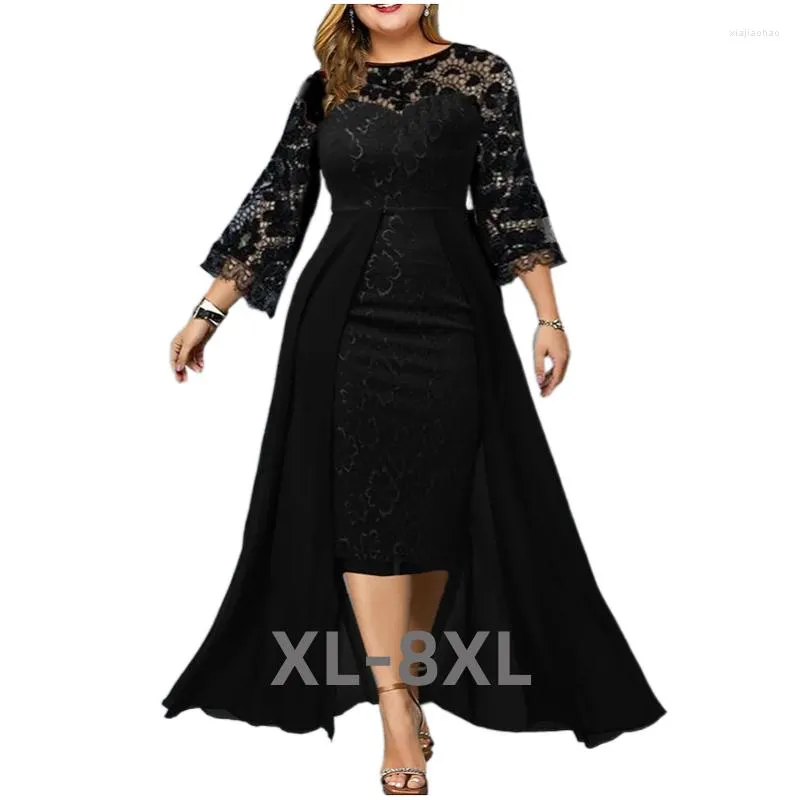 Sukienki plus eleganckie czarne koronkowe sukienki o niskiej i wysokiej koktajlu Kobiety Patchwork pusta rękaw Slim Tunico 3xl 4xl 5xl 6xl