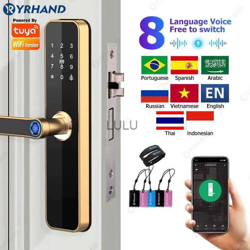 Serrature per porte YRHAND Oro Serratura biometrica intelligente TUYA WIFI Sblocco remoto Scheda di impronte digitali Password Chiave Password Serratura intelligente HKD230902