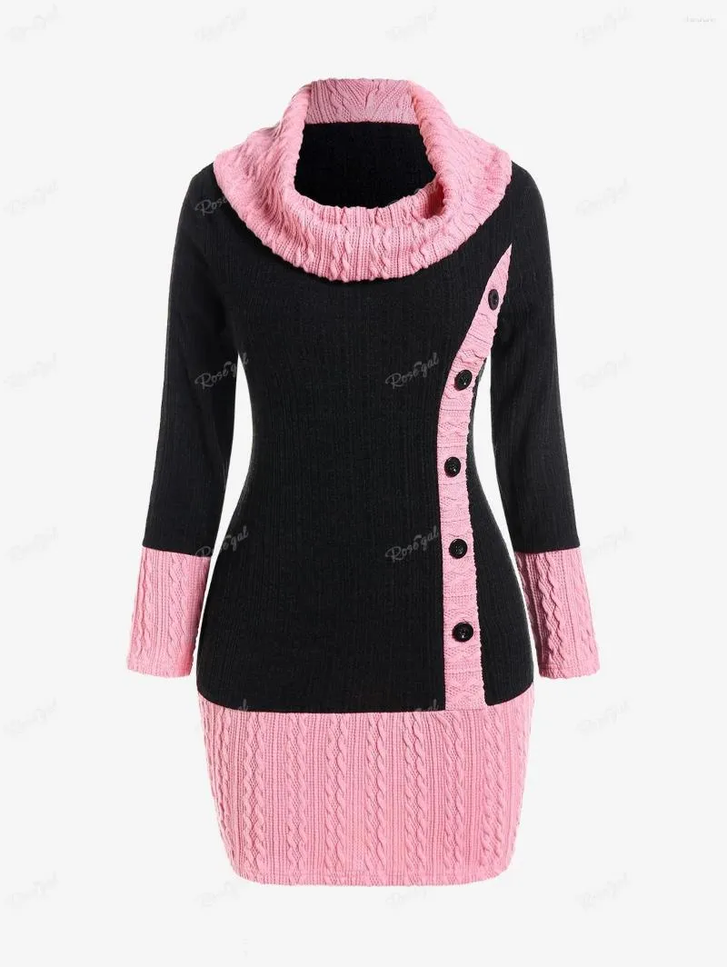 Women's Sweaters Women Autumn Winter Sweater Cowl Neck Cable Knit Buttons Two Tone Pullover Jumper Long Tunic Top Wrap Buttocks