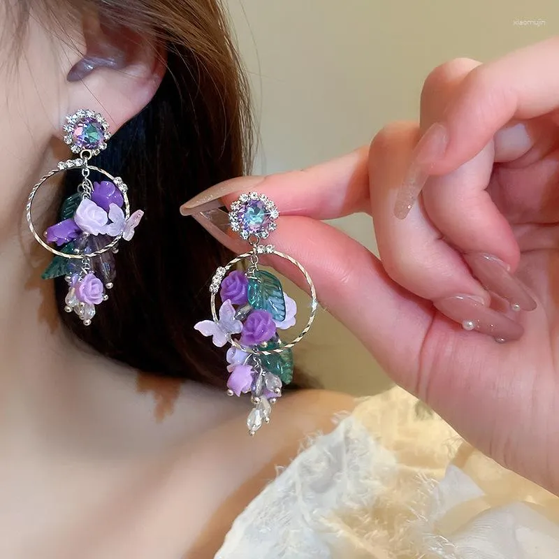 Dangle Oorbellen MENGJIQIAO Koreaanse Paars Rose Bloem Kwastje Voor Vrouwen Meisjes Vlinder Kristal Brincos Vrouwelijke Mode-sieraden