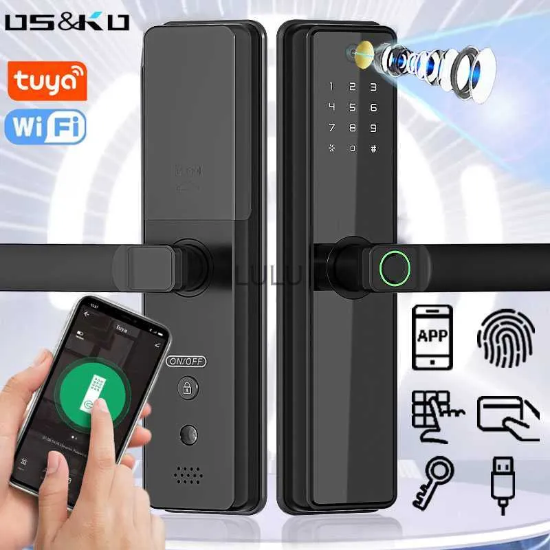 Dörrlås Tuya WiFi Digital elektroniskt lås med kamera Smart Door Lock FingerPrint Camera Lock For Home Apartment Remotely Unlocking HKD230902