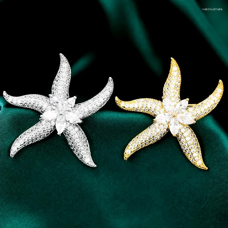 Brosches Fashion Personlighet Mikroinlagd Zirkon Creative Starfish Exquisite Brosch Pin For Women CZ Pentagram Suit Accessories