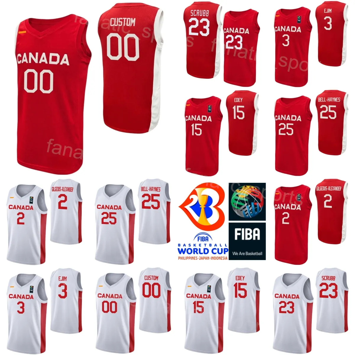 Drukuj Kanada 2023 Koszykówka Pucharu Świata Andrew Wiggins Jerseys 22 23 Phil Scrubb 25 Trae Bell-Haynes 15 Zach Edey Jamal Murray 27 RJ Barrett 9 Kelly Olynyk 13 Red White