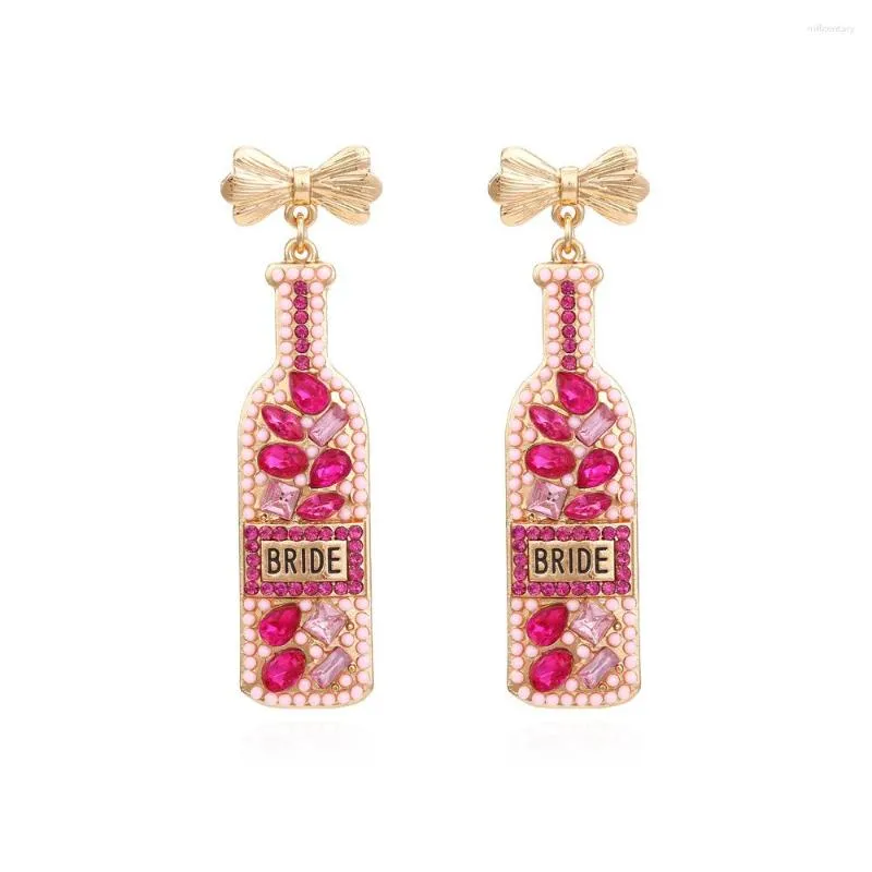Boucles d'oreilles pendantes de luxe avec nœud en cristal coloré, goutte de bouteille de vin pour femmes, goutte d'huile en métal, pendentif de Champagne perlé