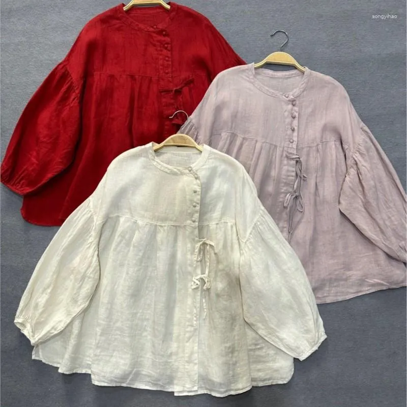 Blouses Femmes Johnature Printemps Automne Vintage Littéraire Chemise à lacets en vrac Tops en lin 2023 Simple Couleur Solide Femmes Chemises