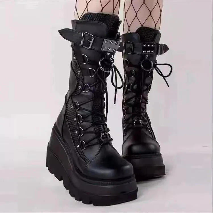Boots Women Platform Shoes Booties Rain Combat Military Short Leather Black New Rock Punk Goth Lolita Clearance Offers For Girls Party Shoes 35 43