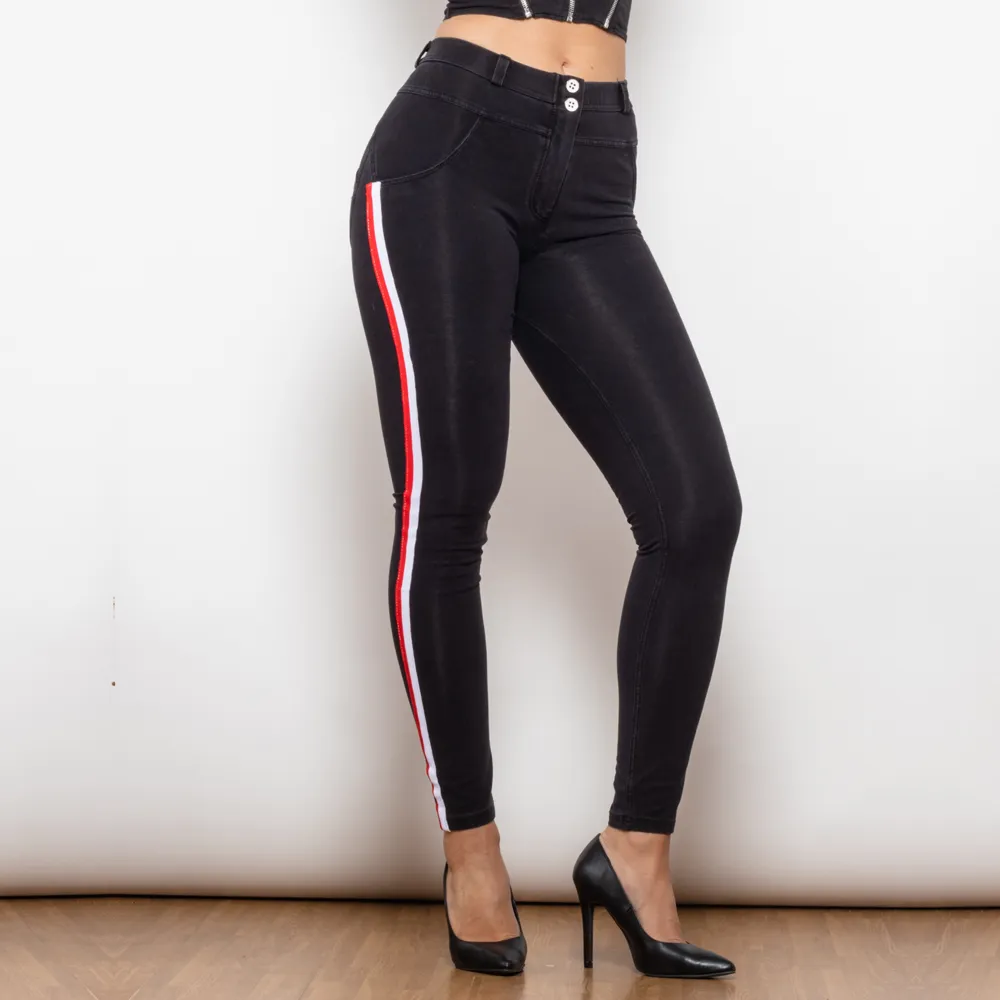 Shascullfites melodia lado listra magro ajuste jeans feminino casual elasticidade preto lápis calças jeans senhoras street wear