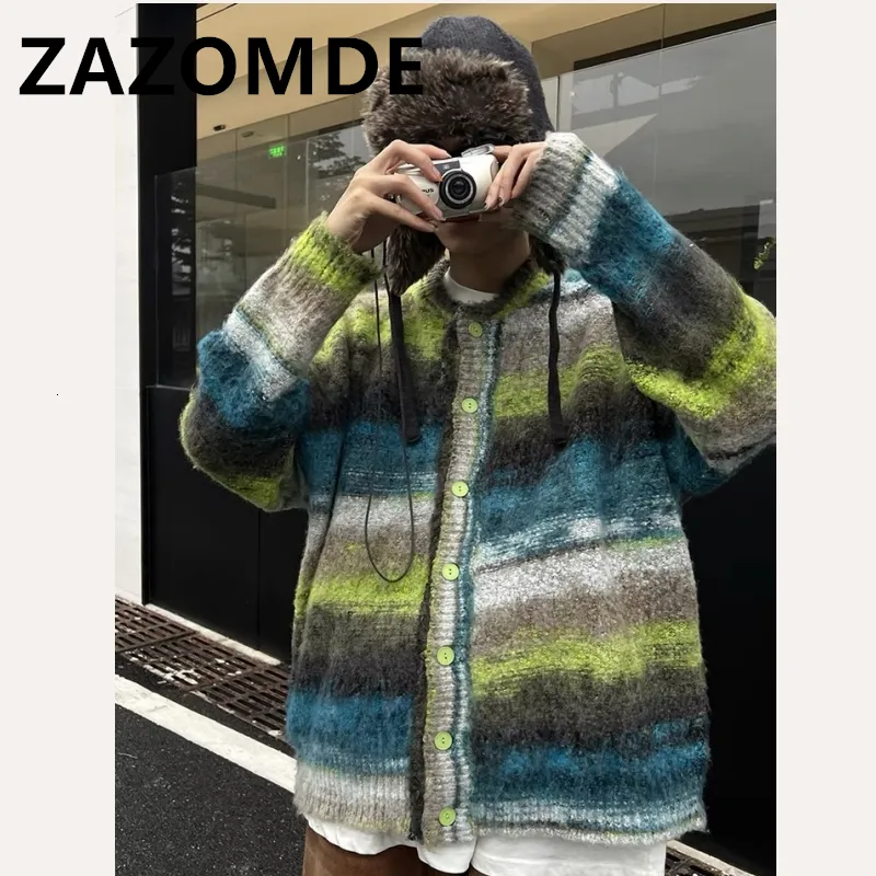Men's Sweaters ZAZOMDE Winter Colorful Cardigan Sweater Stripe Rainbow Knitted Button Coat Fashion Contrast Color Sweater Coat Y2K Couple Tops 230901