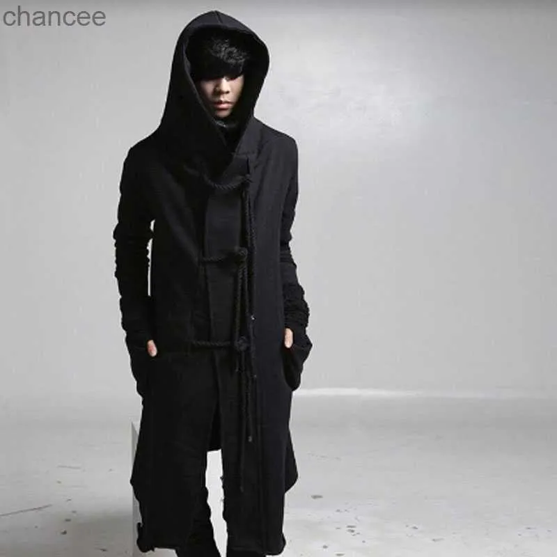 رجال الرجال للرجال Sweatshirts Winter Men Linen Rope Button Hip Hop Long Hoodie Hoodie Gothic Hooded Cloak Nightclub DJ Singer Punk Rock Stage Hoodies LST230902