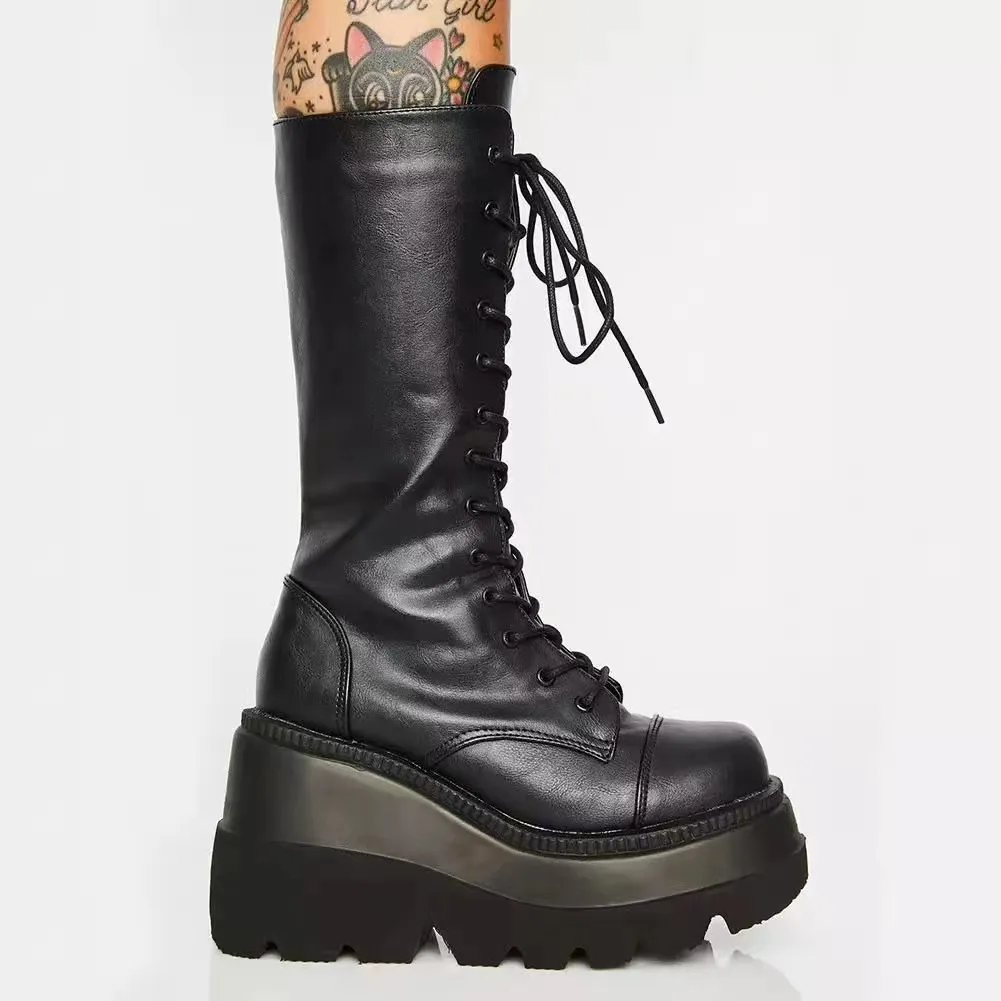 Botas femininas sapatos de plataforma botas chuva combate militar curto couro preto novo rock punk goth lolita ofertas de folga para meninas sapatos de festa