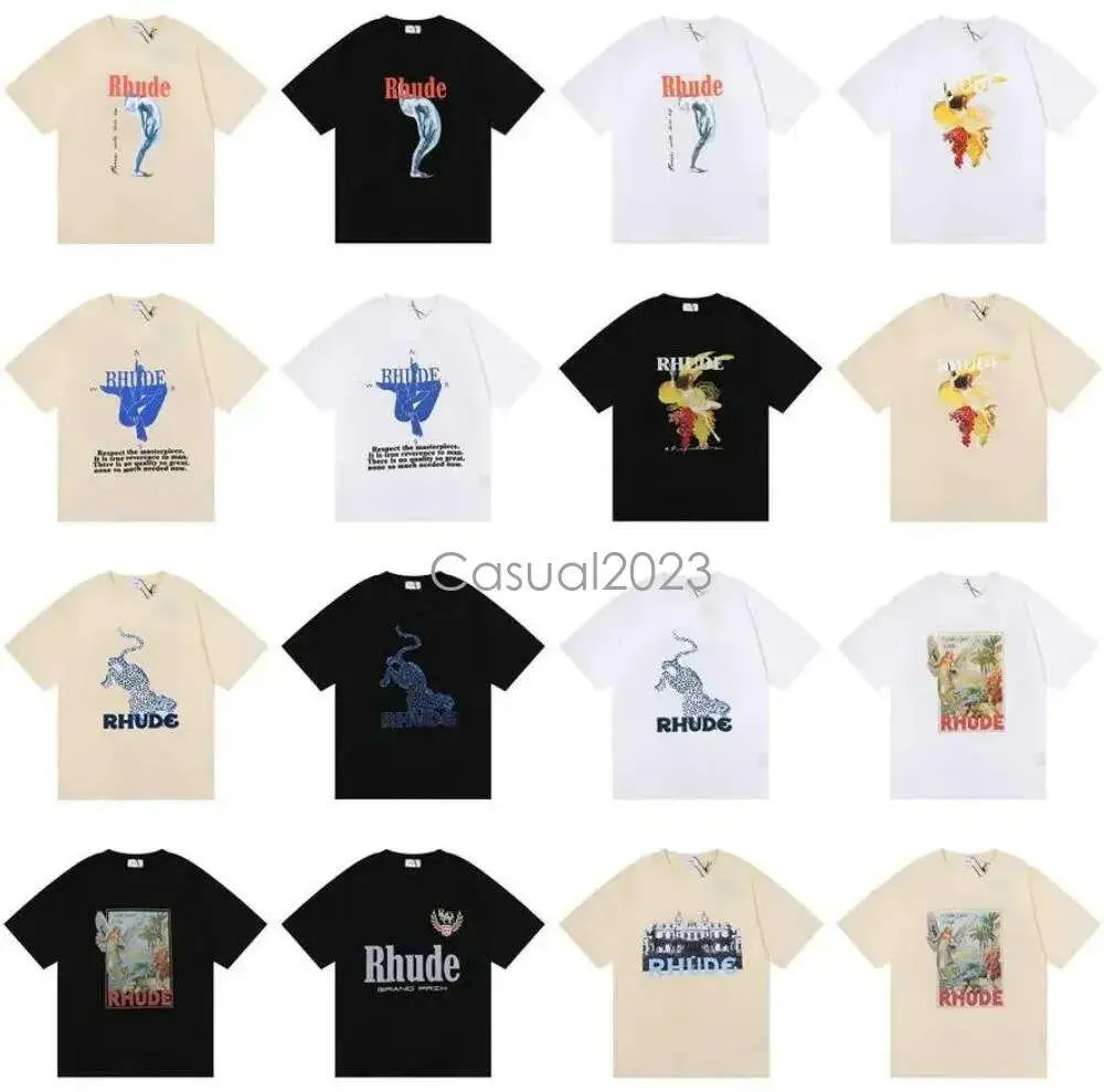 2023 Hot Summer Rhude Marque Imprimé T-shirt Hommes Femmes Col Rond T-shirts Printemps Eté High Street Style Qualité Top T-shirts Rhude Asiatique Taille S-xl