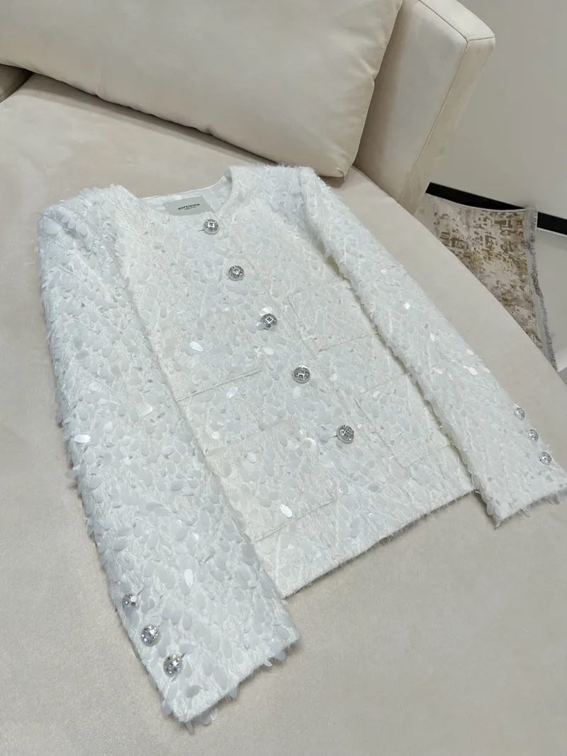 2023 Autumn Biała stała kolor Kolor Tweed Kurtka z długim rękawem okrągła szyja kurtki w stylu Krótka warstwowa przestrzeń A3G306636