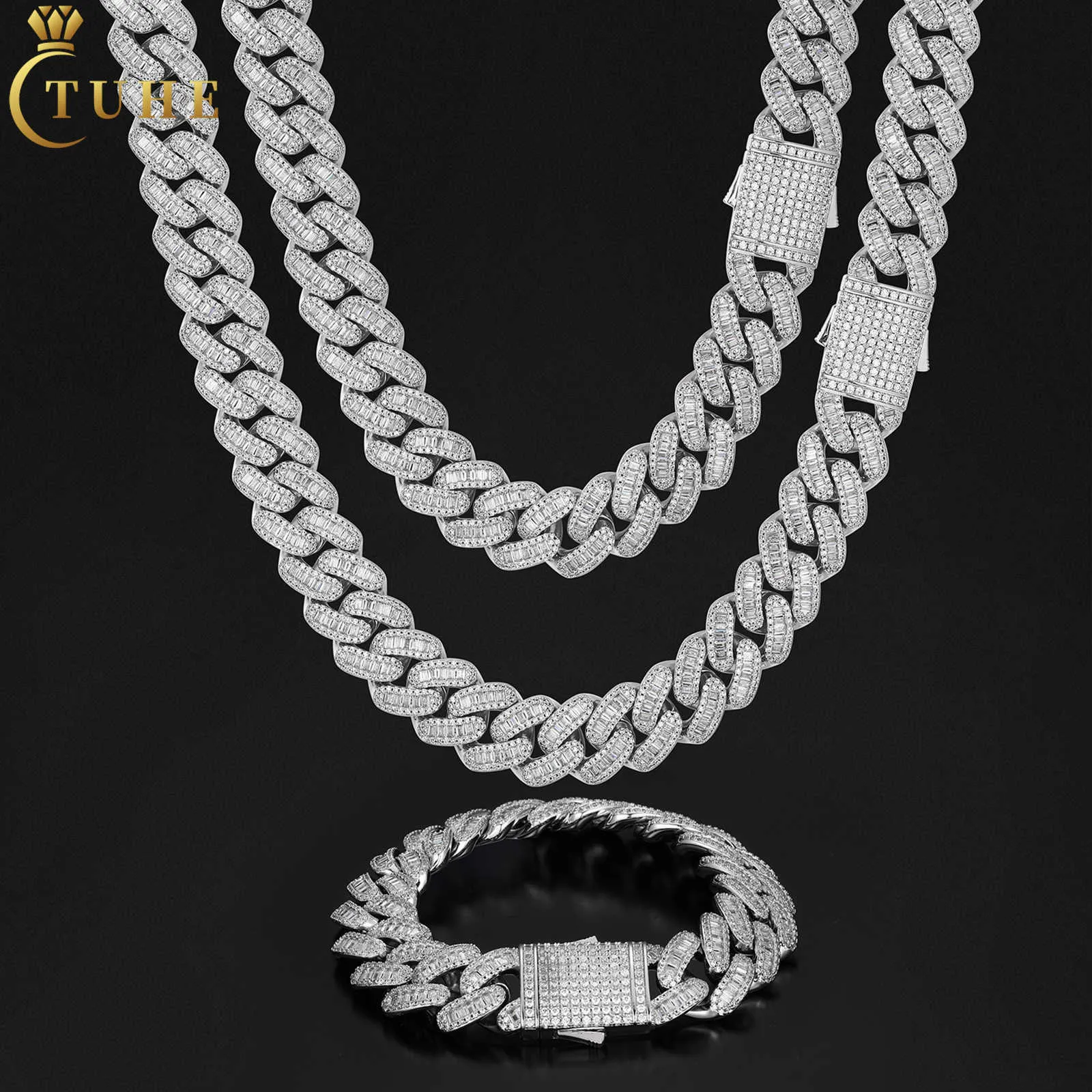 Chine usine de bijoux Style Punk 16mm plaqué or blanc AAAAA Buguette CZ diamant glacé chaîne à maillons cubains collier pour hommes