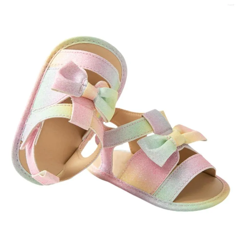 Sandales pour bébés filles, chaussures plates d'été à semelle souple décorées avec nœud papillon à paillettes colorées, chaussures de princesse d'intérieur et d'extérieur