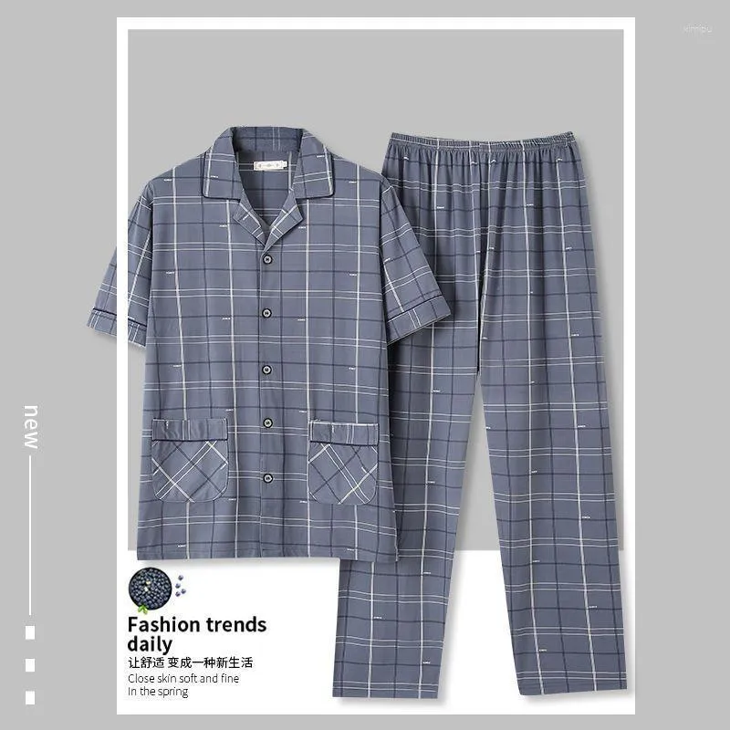 Pyjama à carreaux haut de gamme pour hommes, vêtements de nuit en pur coton, manches courtes, costume d'été fin, ample, pour jeunes d'âge moyen et personnes âgées