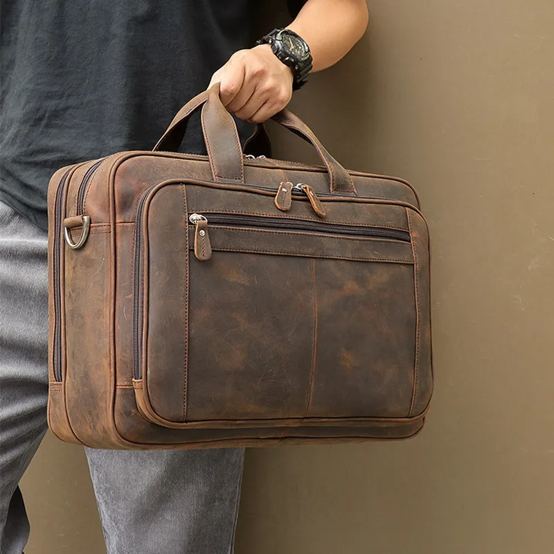 Maletas Top Qaulity Marca Maleta Saco para Homens Masculino Negócio Vintage Designer Bolsa Laptop Crazy Horse Couro 230901