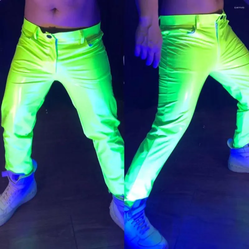 Stage Wear Cosutme Men Fluorescent Green Stretch Slim Leather Pants Party Rave Outfit Nightclub Gogo Jazz Dance Clothing VDB4029