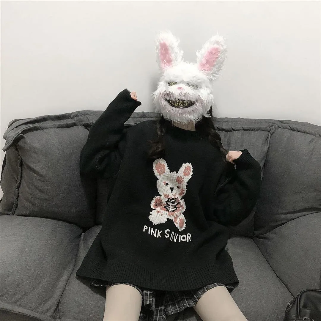 Y2K loose pullover plaid clothing Korean fashion men's European and American retro autumn and winter Harajuku rabbit knitted sweater Gothic casual sweater