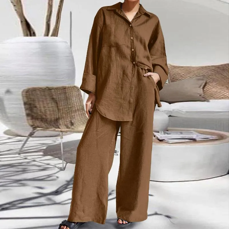 Breathable Cotton Linen Linen Set Outfit Long Sleeve Top And Pant