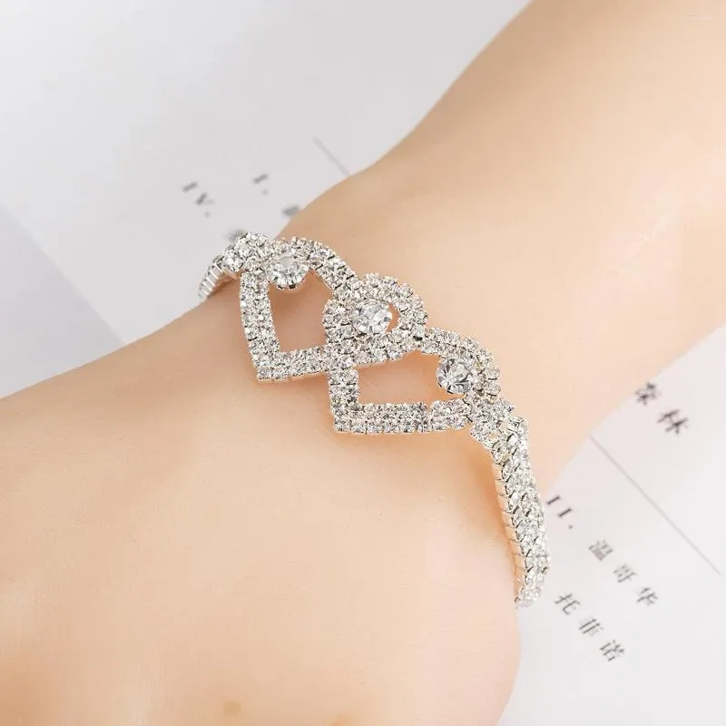 Charm Bracelets Trendy Full Rhinestone Double Hollow Heart Bracelet Women Girl Statement Classic Silver Color Tennis Friendship