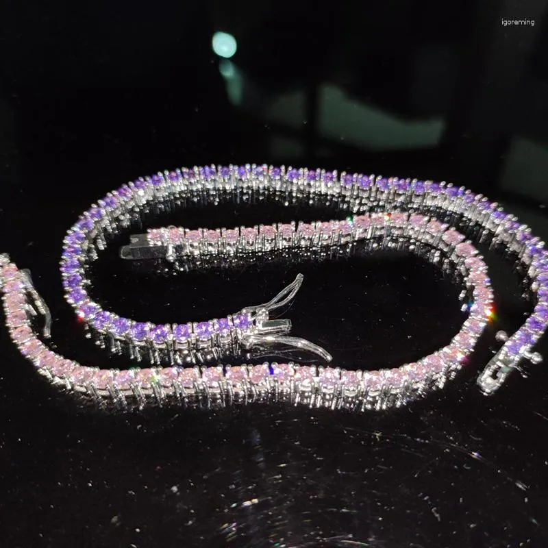 Bracelets de charme Rose / Violet Zircon Hip Hop Bling Glacé 1 rangée CZ Pierre Tennis Lien Chaîne pour hommes Femmes Unisexe Rappeur Bijoux Cadeau