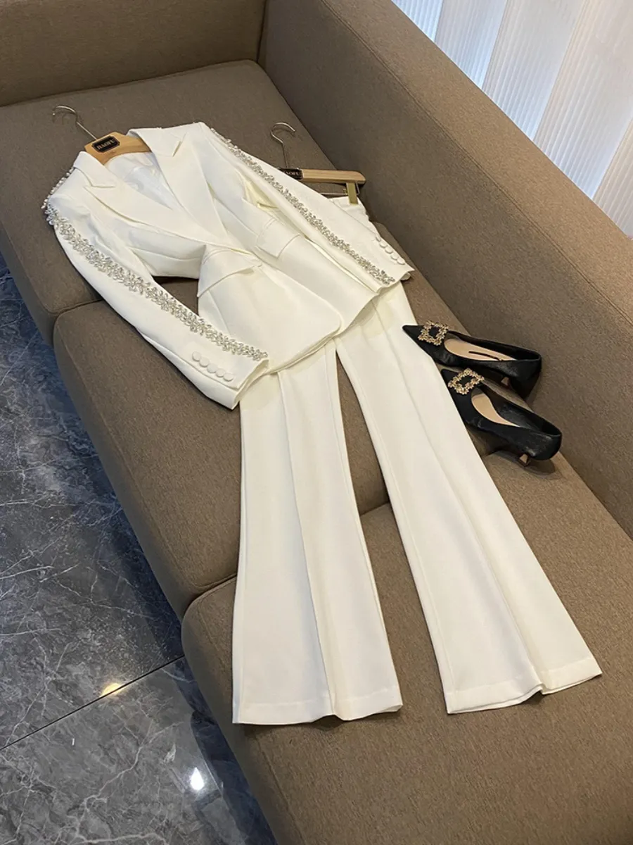 2023 Autumn White / Black Rhinestone Two Piece Pants Set Solid Color Long Sleeve hacked-Lapel Pärlade blazers Topplånga byxor Set Two Piece Suits O3G301803