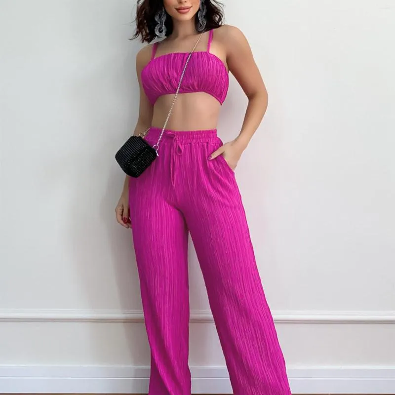 Pantalon de deux pièces pour femmes Ensembles de mode pour femmes Chemise à bretelles sexy Elgant Taille sans manches Révélant le tissu plissé Femme Streetwear