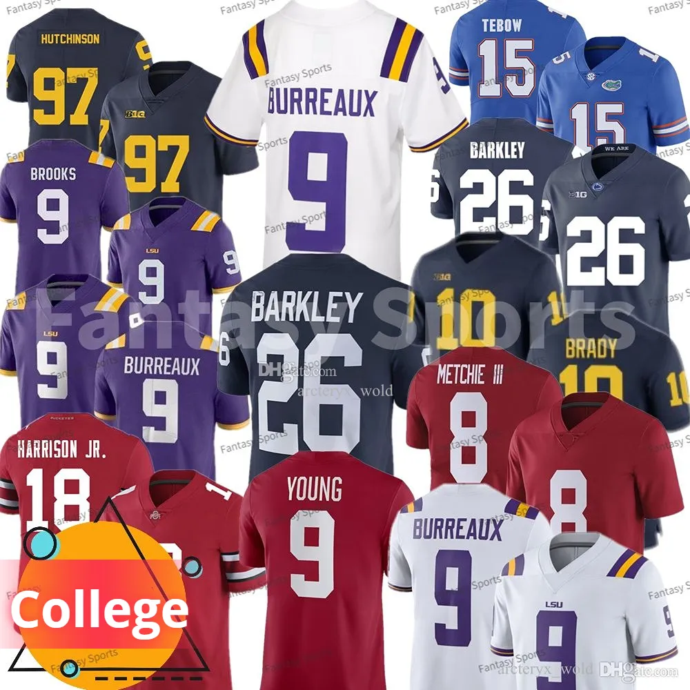 College Football Jersey 9 Joe Burrow Young 9 Brock Bowers 18 Marvin Harrison Jr. 26 Barkley Tom Brady Vince Young Johnny Manziel Manning McCaffrey Tim Tebow Jersey