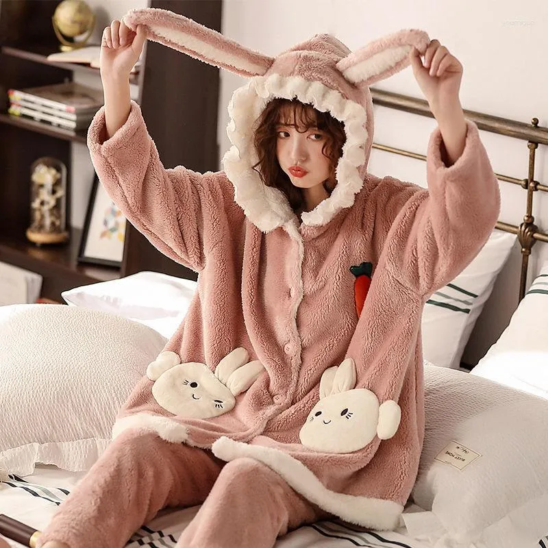 Womens Sleepwear Coral Velvet Ears Pajamas Women Autumn And Winter