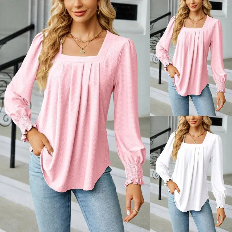 Blusas femininas elegantes das mulheres apertadas túnica plissada camisas de manga longa puff gola quadrada camiseta senhora blusa de escritório rosa topo camisas