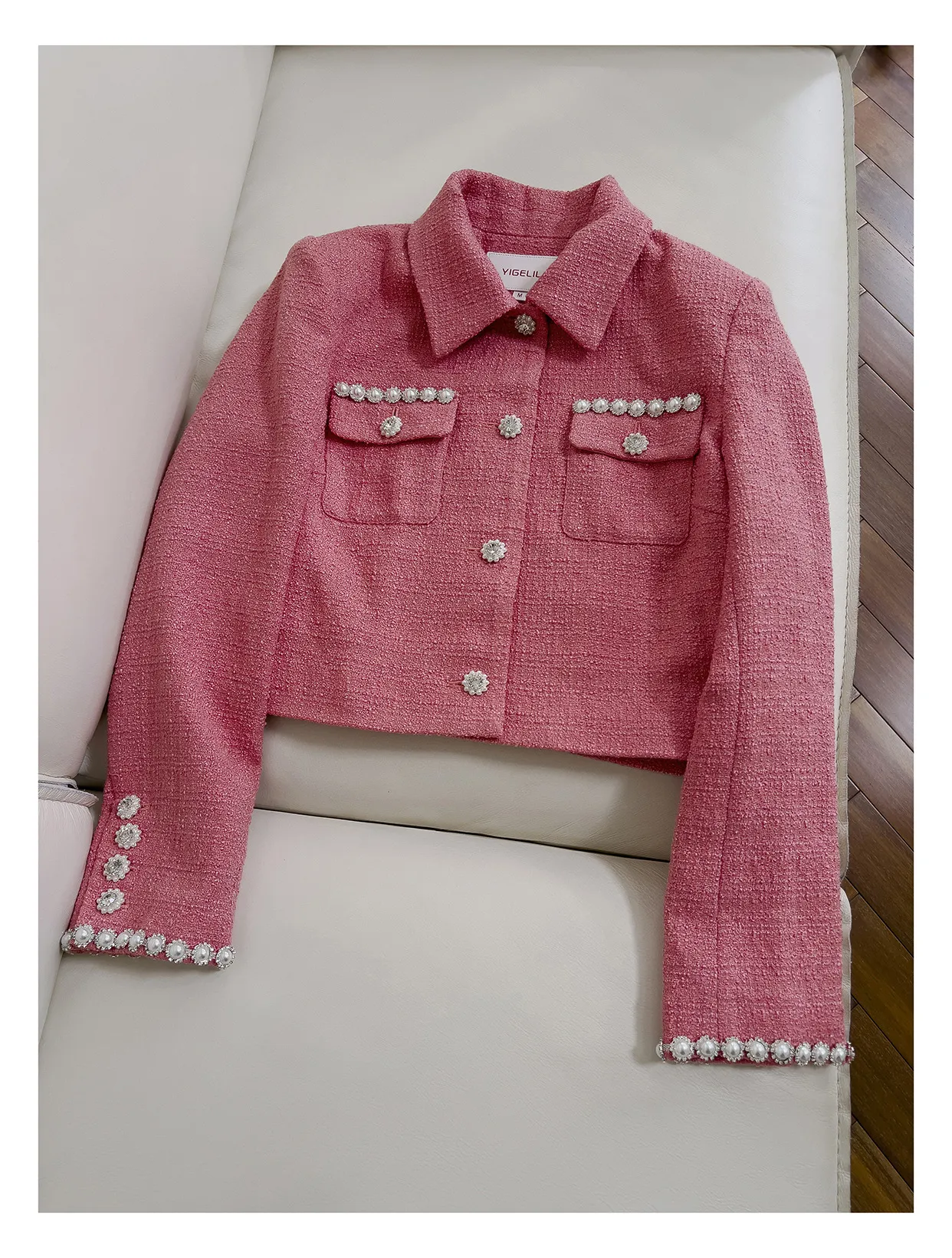 2023 Autumn Pink Solid Kolor Tweed Kurtka z długim rękawem szyi podwójne kieszenie na pojedynczą kurtki z pojedynczych kurtkami Krótka warstwa pod względem zewnętrznym J3G301467