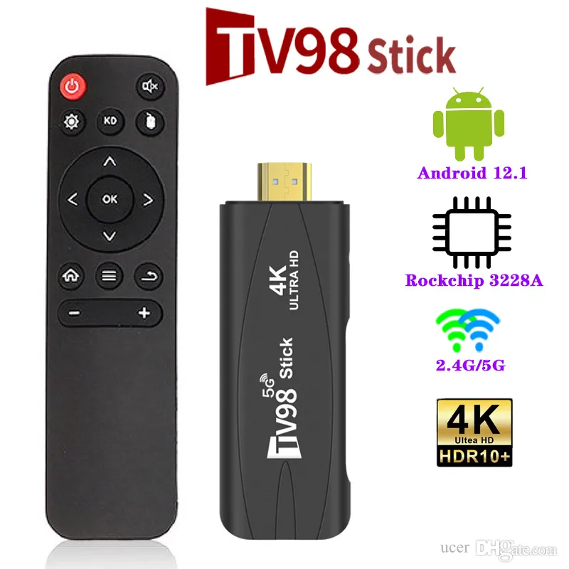 Tv98 tv stick 4k smart 2.4g 5g wifi android tv box 12.1 rockchip 3228a hdr set top os hd 3d reprodutor de mídia portátil