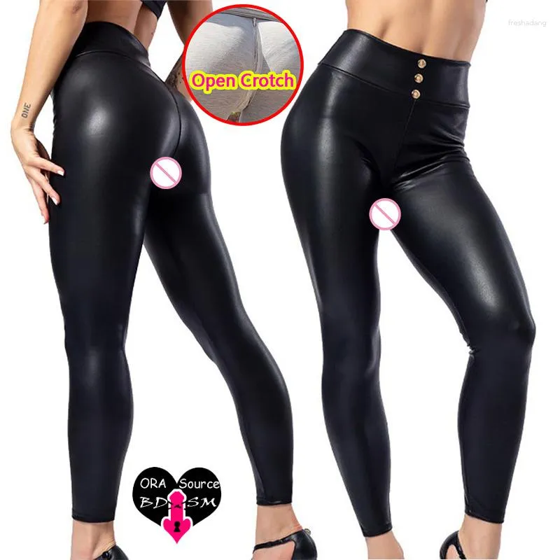 Damesleggings Vrouw Open Kruis Sexy Verborgen Ritsen Crotchless Leren Broek Hoge taille Knopen Strakke Outdoor Clubwear PU-broek