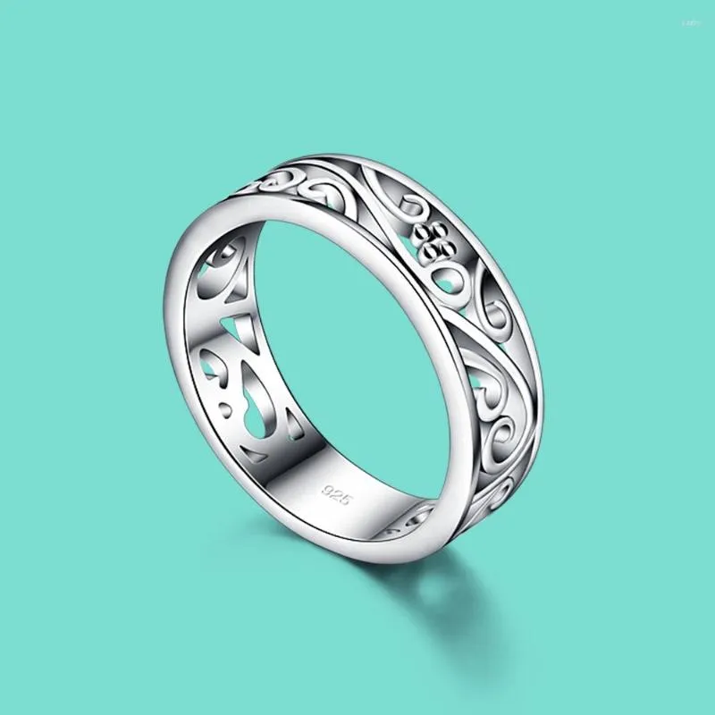 حلقات الكتلة 925 Sterling Silver Ring نحت الديكور النمط العرقي تصميم نمط تصميم عالمي مجوفة الزهرة الرجعية المجوهرات الأنيقة 4-8