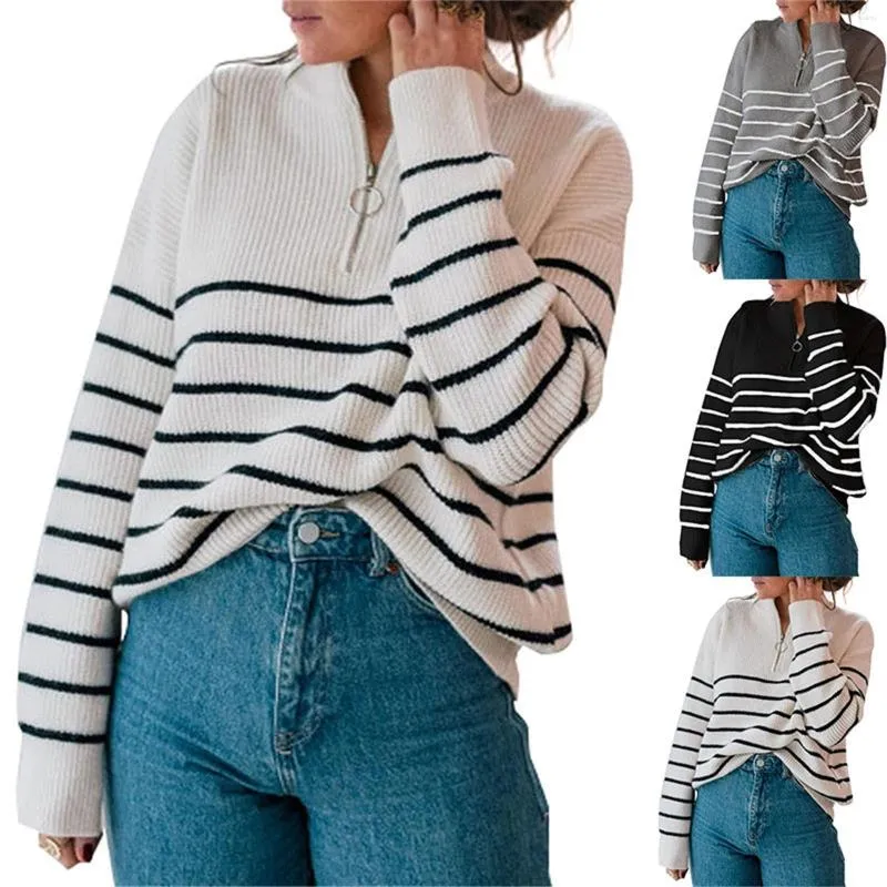 Women's Sweaters Striped 1/4 Zipper Sweater 2023 Long Sleeve Ribbed Knit Loose Oversized Chunky Sexy Tops For Women Split Neck Top