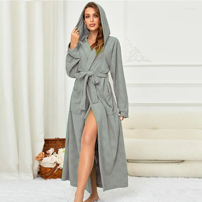 Vrouwen Nachtkleding Katoenen Badjas Jurk Met Zak Effen Kimono Robe Loungewear Vrouwen Losse Nachtjapon Met Capuchon Intieme Lingerie