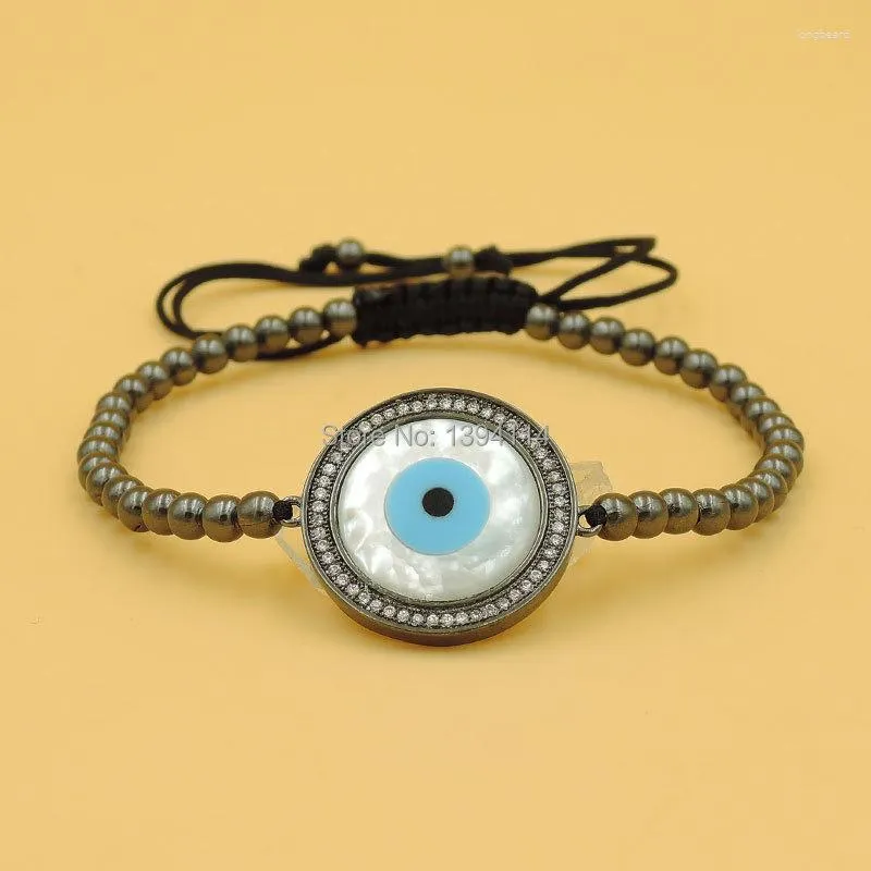 Bracelets de charme 21x21x3mm Micro Pave Clear CZ Crystal Round Shell Eye Connecteur avec 4mm Perles en vrac Tressage Macrame Bracelet réglable