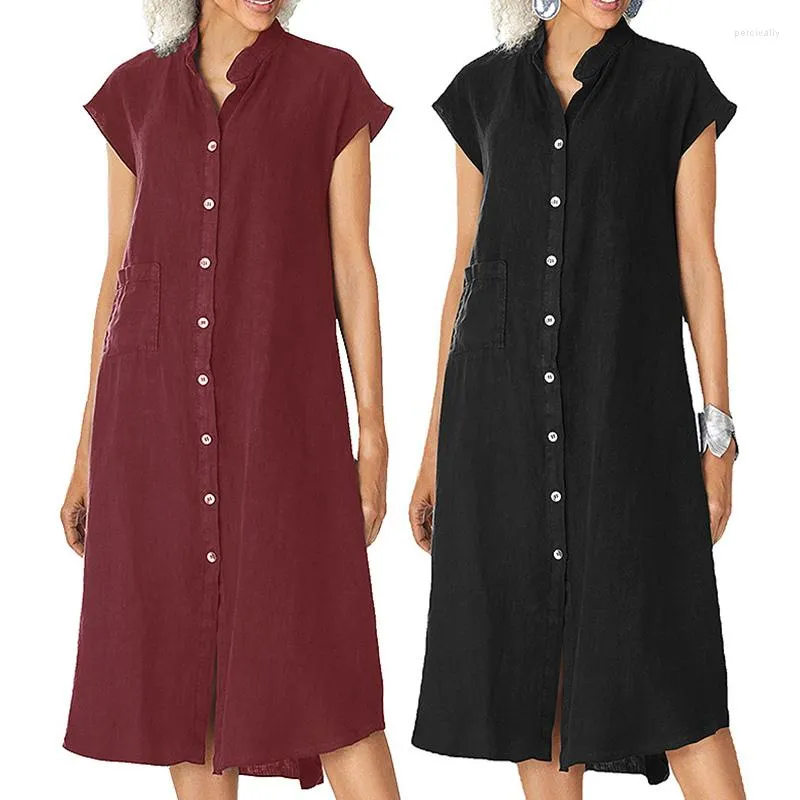 Ubranie etniczne damskie swobodne szyi stojąca swoboda bawełniana w pojedynczej bawełnianej bawełnianie dużych rozmiarach A-line krótkie rękawowe kolory