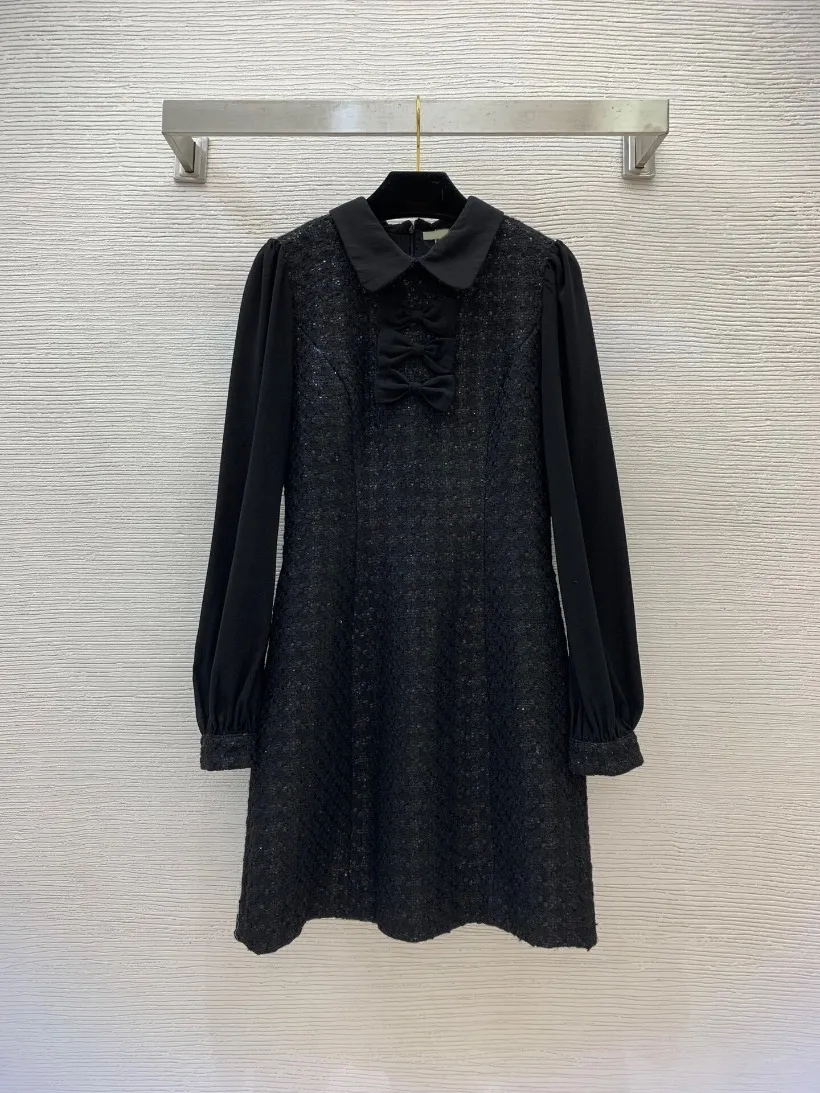 Autumn White / Black Bow Tweed Dress Long Sleeve Lapel Neck Sequins Short Casual Dresses B3G041817 Plus Size XXL