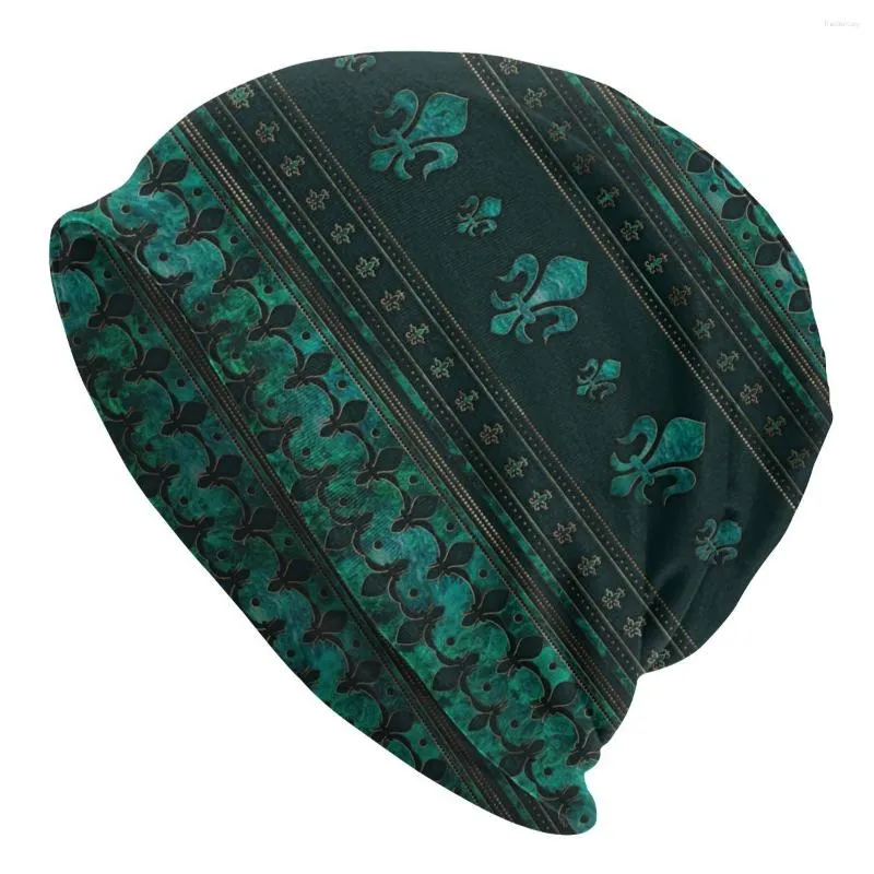 Berets Fleur De Lis Ornament Emerald Green Beanies Caps Unisex Fashion Winter Warm Knit Hat Adult Sacred Luxury Lily Flower Bonnet Hats