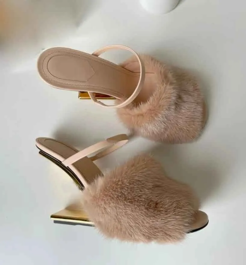 Women First Sandals Shoes Fur wool Strap F-shape Peep Toe Wedge Black Nude White Calf Leather Walking Lady Dress Wedding Sandalias Elegant Brand heels with box