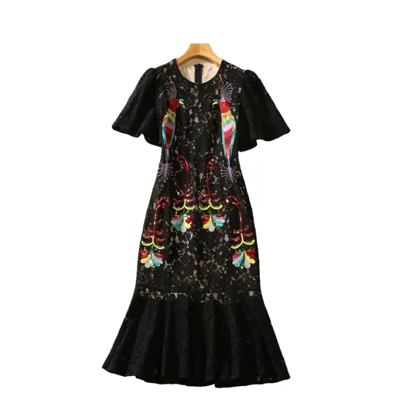 Осеннее черное кружевное платье с вышивкой птиц и короткими рукавами, круглым вырезом и блестками, миди, повседневные платья S3G040804, большие размеры XXL