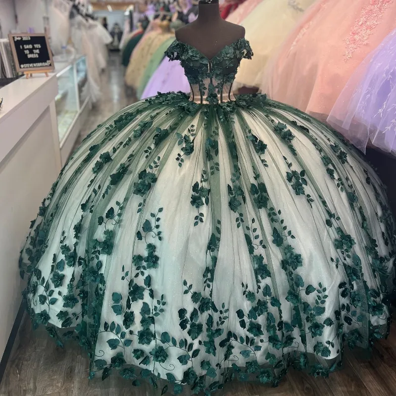 Vert brillant Sexy col en v princesse Tulle robe De bal Quinceanera robes Meninas De 15 Anos Appliques 3DFlower robes De 15