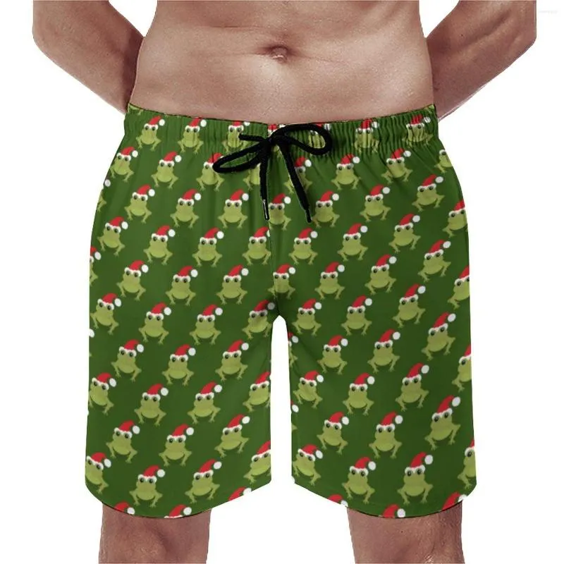 Men's Shorts Board Frog Santa Hat Swim Trunks Green Christmas Fast Dry Sports Surf High Quality Plus Size Short Pants