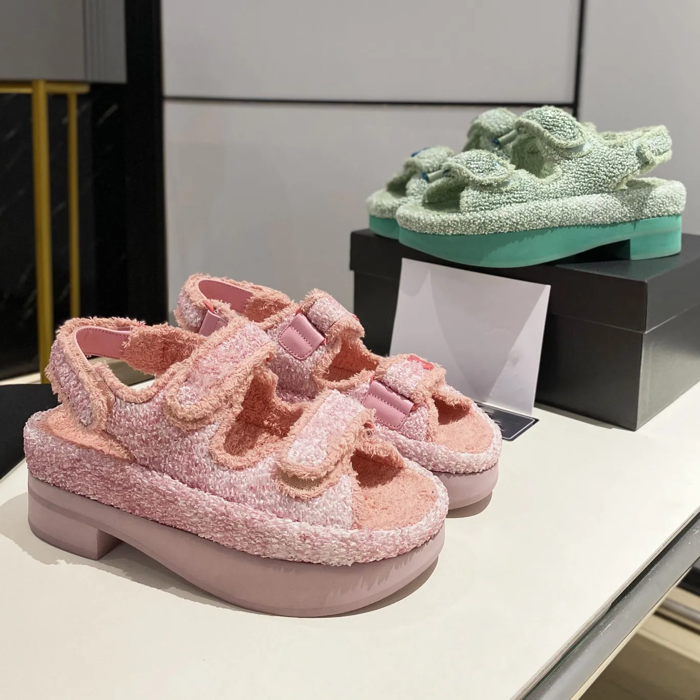 Women s Wool Platform Furry Slippers Leather Buckle Terry Cloth Thick Bottom Sandals for Home