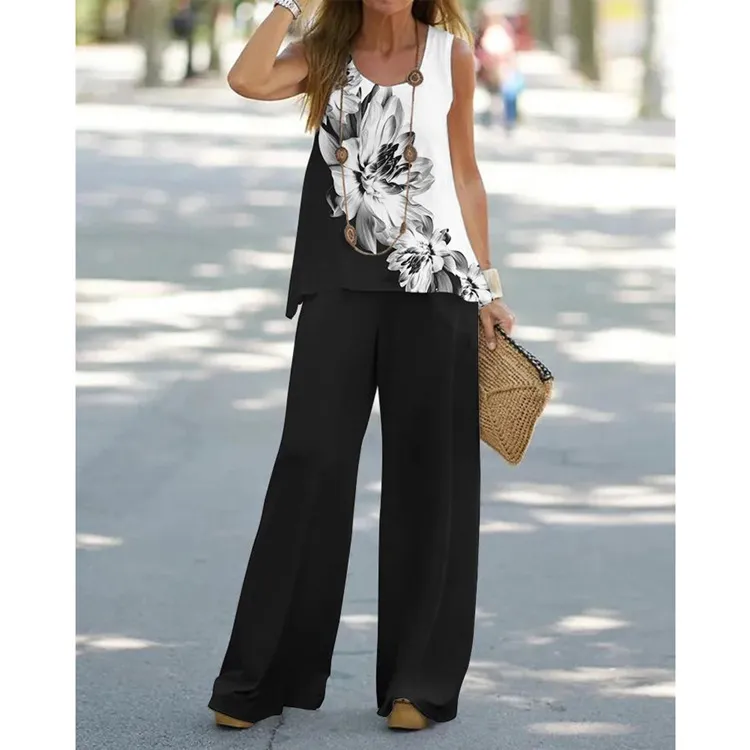 Summer Casual Sleeveless O Neck Tank Set With Wide Leg Pants For Women Big  And Large Size Chiffon Trousers Suit From Penelopey, $17.65