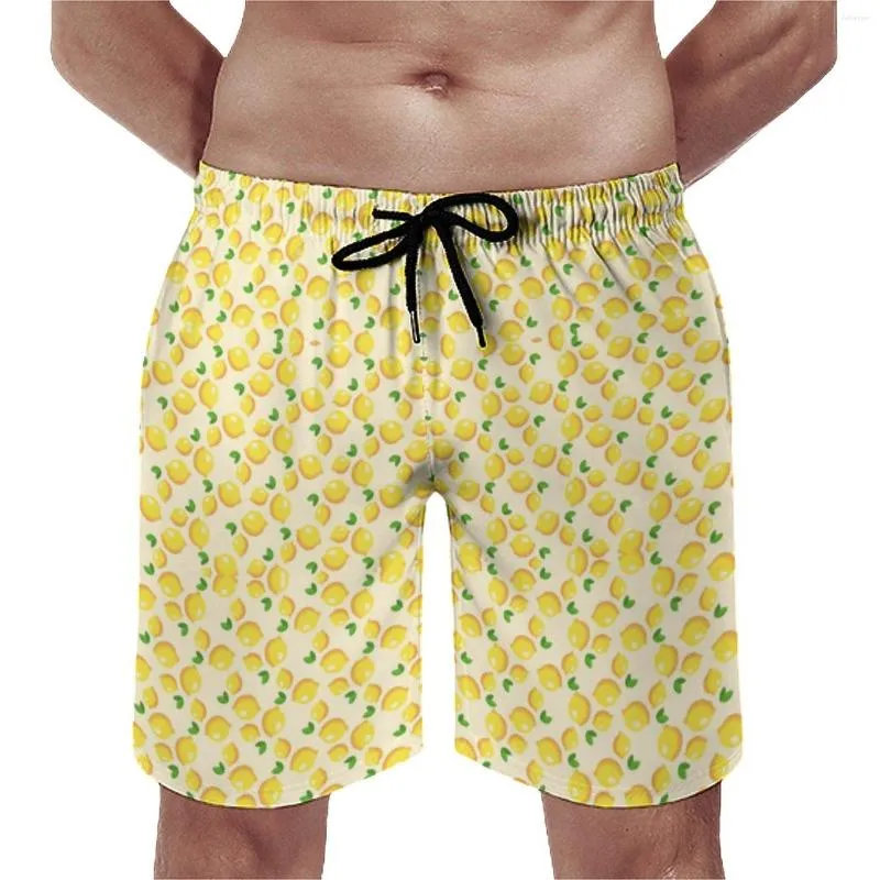 Shorts masculinos frescos amarelo limão placa verão frutas cítricas impressão engraçado praia correndo surf design confortável troncos de natação