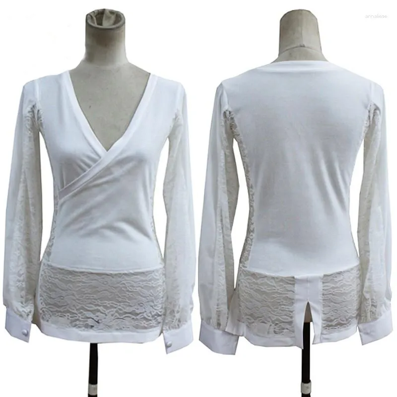 Stage Wear Latin Dance Shirts Men Long Sleeve White Lace Tops Male Ice Skating Ballroom Competition Costume VDB841