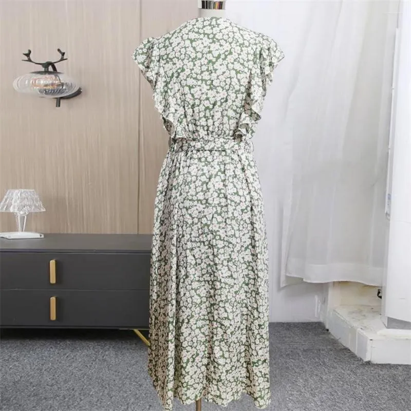 Robes décontractées robe de couture imprimé floral bohême élégant col en v midi avec garniture à volants taille haute ceinture fendue ourlet streetwear